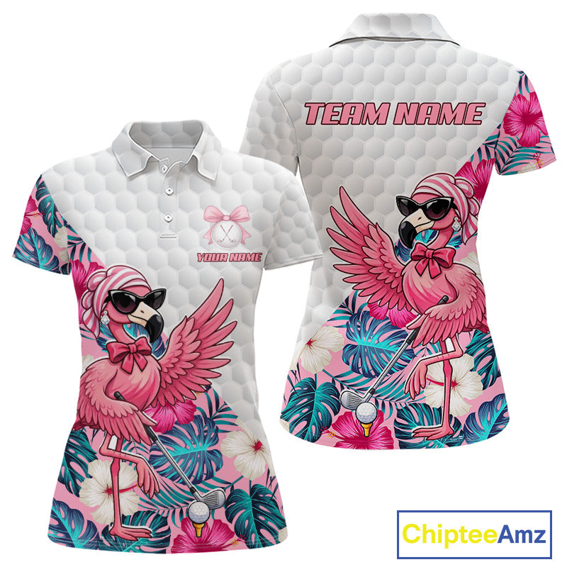 Pink Flamingo Golf Shirt For Women, Funny Tropical Patten Golf Polo Shirt, Ladies Golf Outfit For Team NHT730