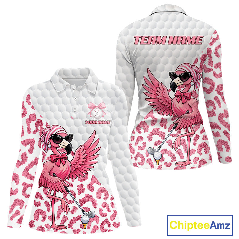 Pink Flamingo Golf Shirt For Women, Funny Leopard Patten Golf Polo Shirt, Ladies Golf Outfit For Team NHT732