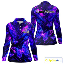 Load image into Gallery viewer, Neon Butterfly Womens Golf Polo Shirt Personalized Team Name Custom Purple Blue Golf Apparel Gift NHT901