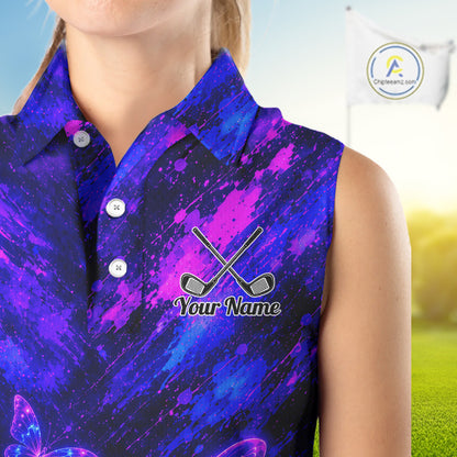 Neon Butterfly Womens Golf Polo Shirt Personalized Team Name Custom Purple Blue Golf Apparel Gift NHT901