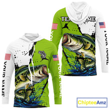 Load image into Gallery viewer, Green Camo Largemouth Bass Hooded Fishing Shirts Long Sleeve, Custom Big Bass Fishing Jerseys NHT481
