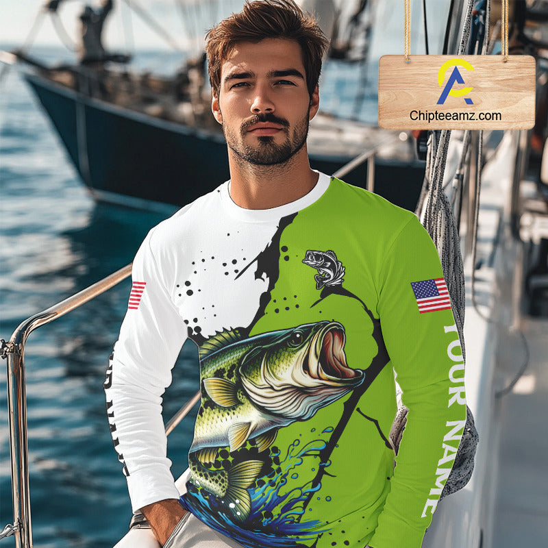 Green Camo Largemouth Bass Fishing Shirts Long Sleeve, Custom Big Bass Fishing Jerseys NHT481