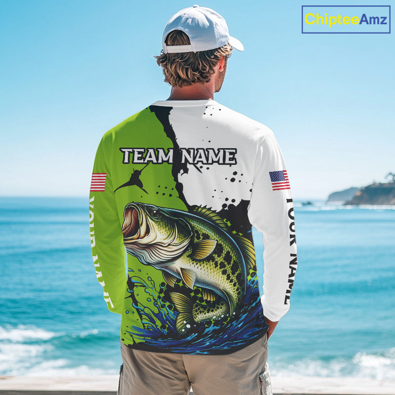 Green Camo Largemouth Bass Fishing Shirts Long Sleeve, Custom Big Bass Fishing Jerseys NHT481