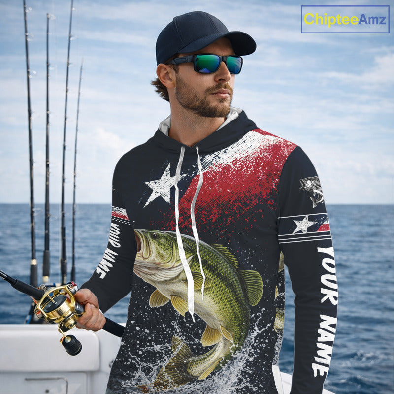 Custom Vintage Bass Long Sleeve Hooded Patriotic Fishing Shirt For Men, Bass Texas Flag Fishing Shirt NHT764