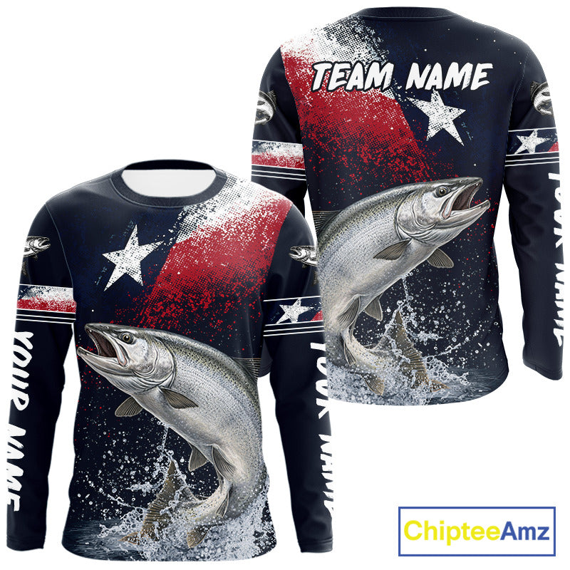 Custom Vintage Chinook Salmon Long Sleeve Patriotic Fishing Shirt For Men, Salmon Texas Flag Fishing Shirt NHT765