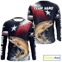 Load image into Gallery viewer, Custom Vintage Brown Trout Long Sleeve Patriotic Fishing Shirt For Men, Trout Texas Flag Fishing Shirt NHT767