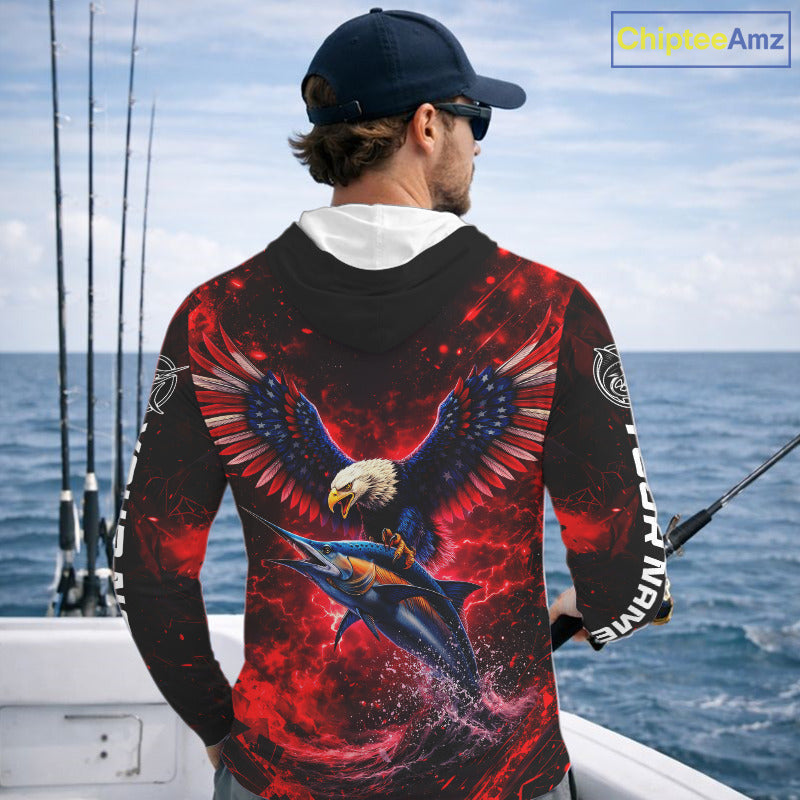 Patriotic Eagle Marlin Fishing Shirt Long Sleeve Hooded, Performance Fishing Shirt NHT428