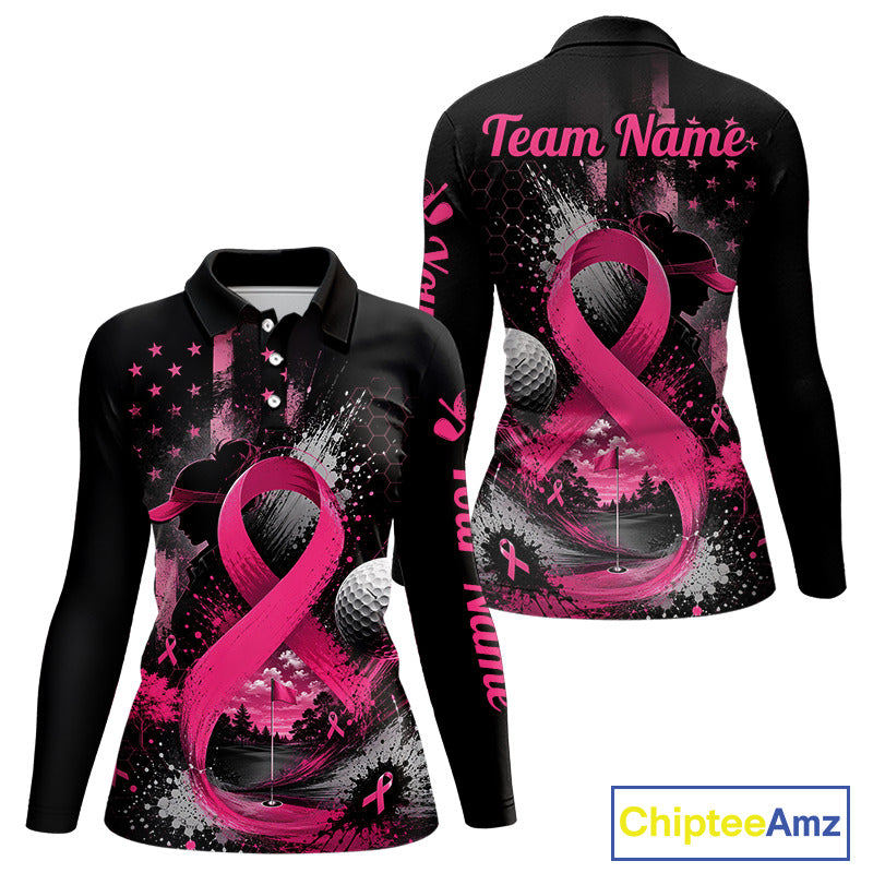 Black long-sleeve polo shirt with a pink and gray breast cancer awareness graphic, shown from both front and back views on a white background with a ChipteeAmz logo in the corner.