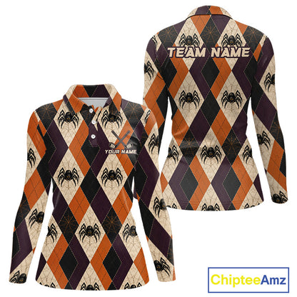 Front and back views of a long-sleeve collared shirt with a Halloween argyle pattern featuring orange, black, and beige diamonds with spider motifs. The back view has 'TEAM NAME' printed across the shoulders, and the front has a mock button placket and 'YOUR NAME' text on the chest.