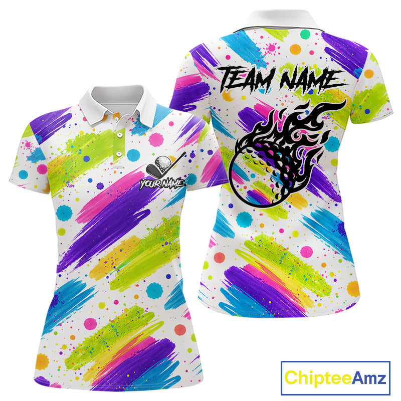 Personalized Colorful Paint Stroke Womens Golf Polo Shirt Flaming Golf Ball Custom Best Team Golf Shirts NHT624