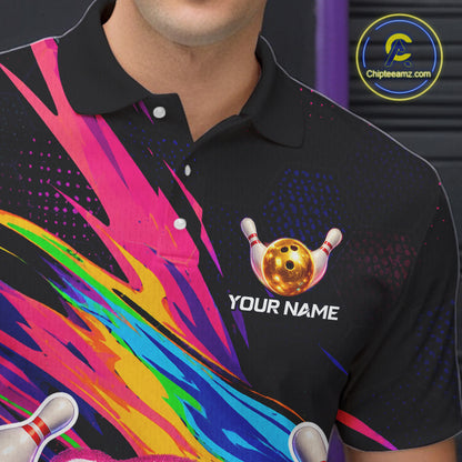 Colorful polo shirt with bowling design and 'Your Name' text, brand logo visible