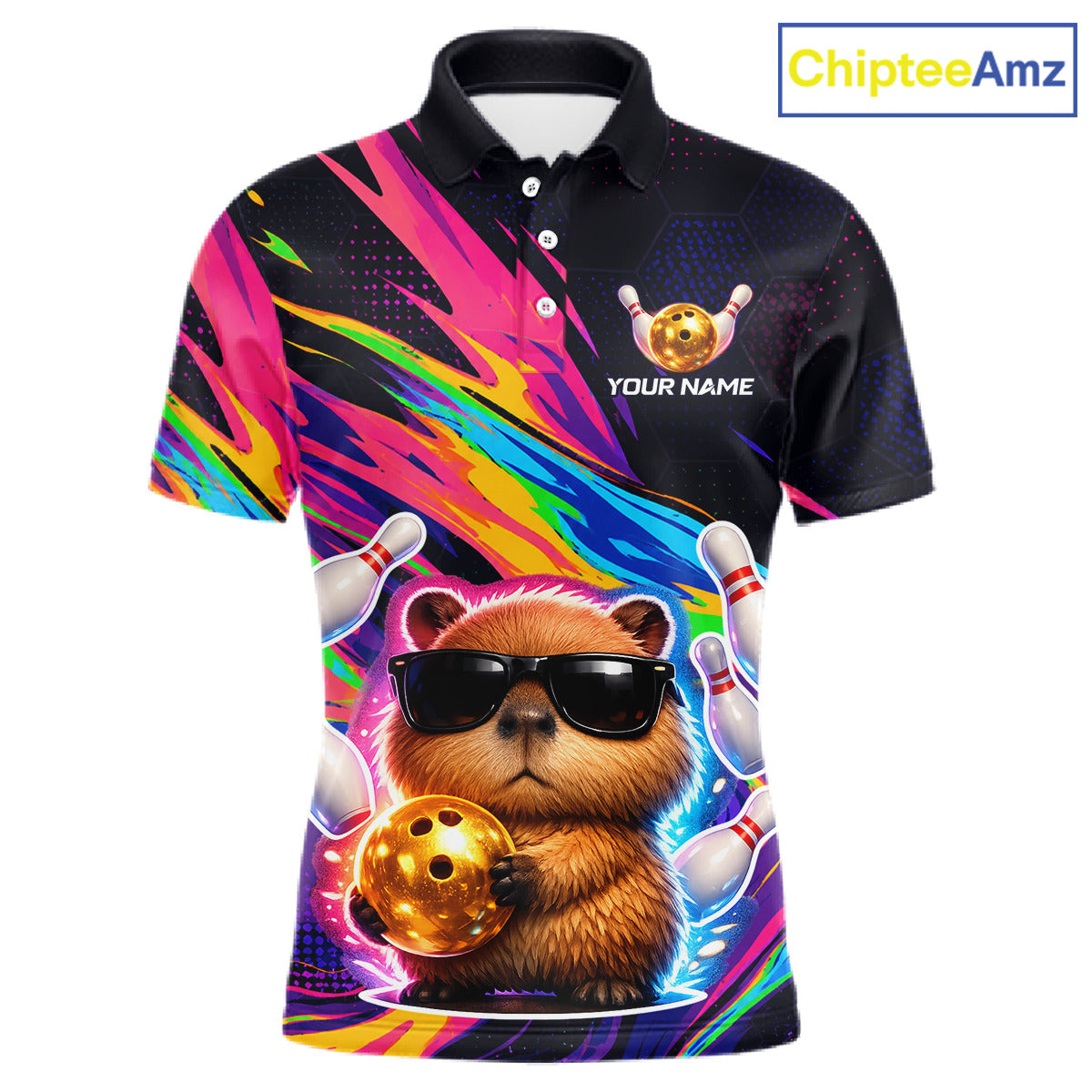 Funny Capybara Bowling Team Polo Shirt, 1/4 Zip For Men Custom Name Neon Color Bowling Jersey 
