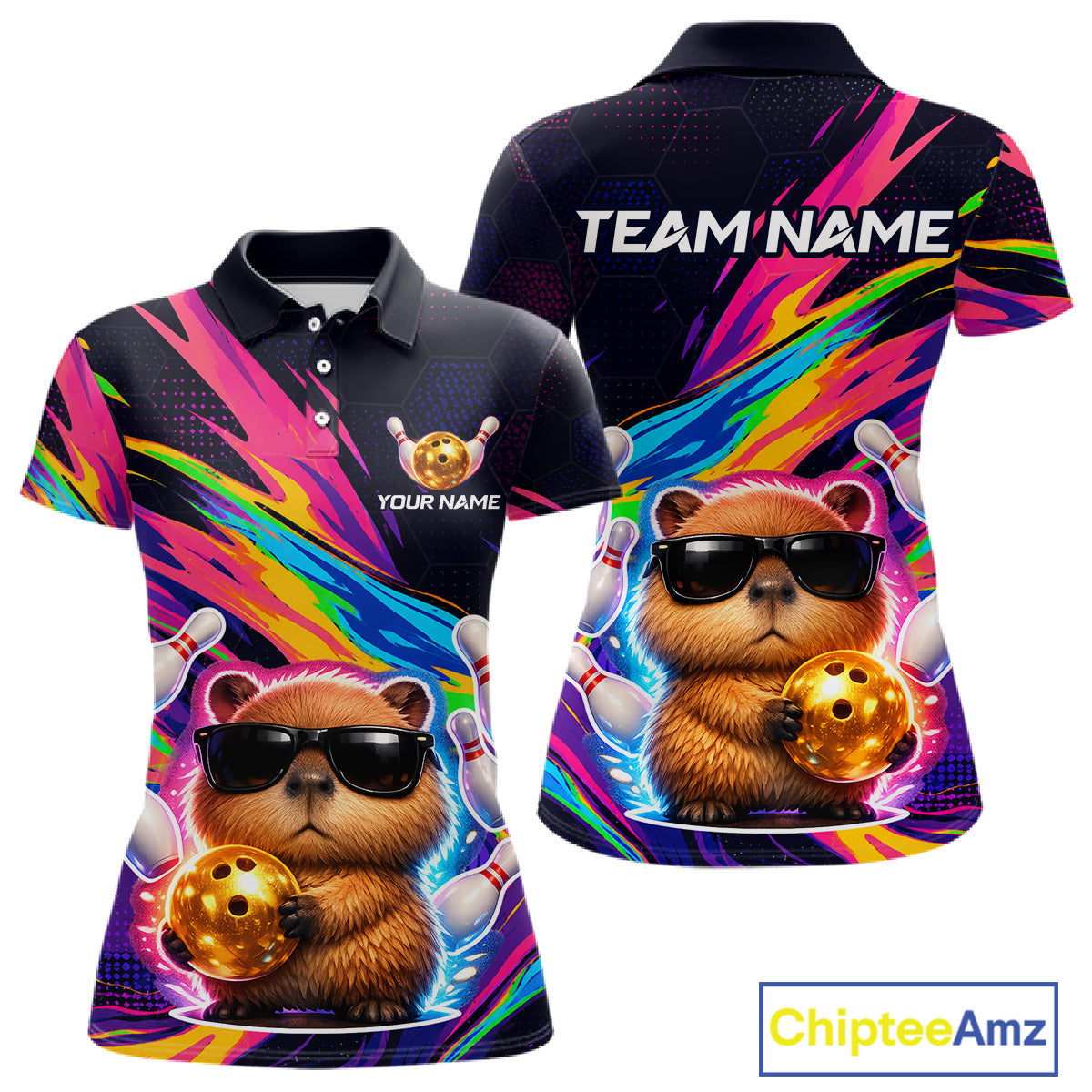 Colorful polo shirt with bear design and customizable text on a white background