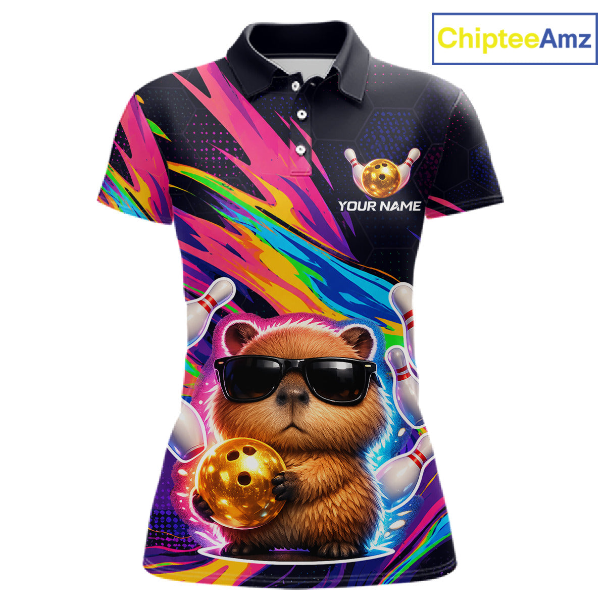 Funny Capybara Bowling Team Polo Shirt, 1/4 Zip For Women Custom Name Neon Color Bowling Jersey 