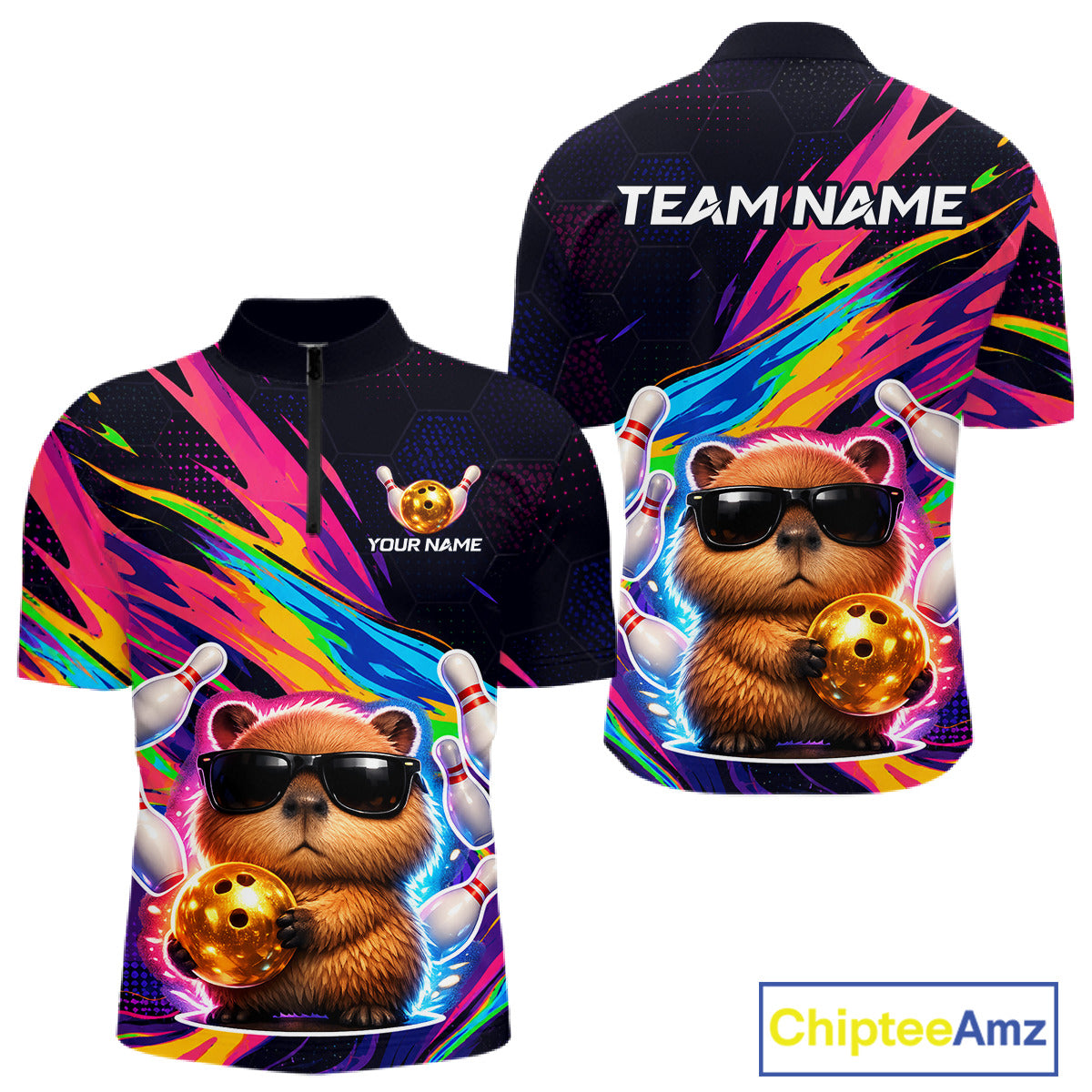 Colorful bowling-themed shirt with capybara design and customizable text on a white background