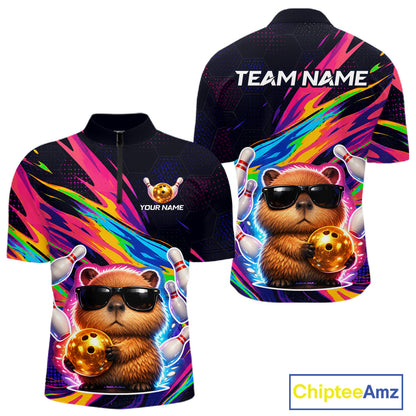 Colorful bowling-themed shirt with capybara design and customizable text on a white background