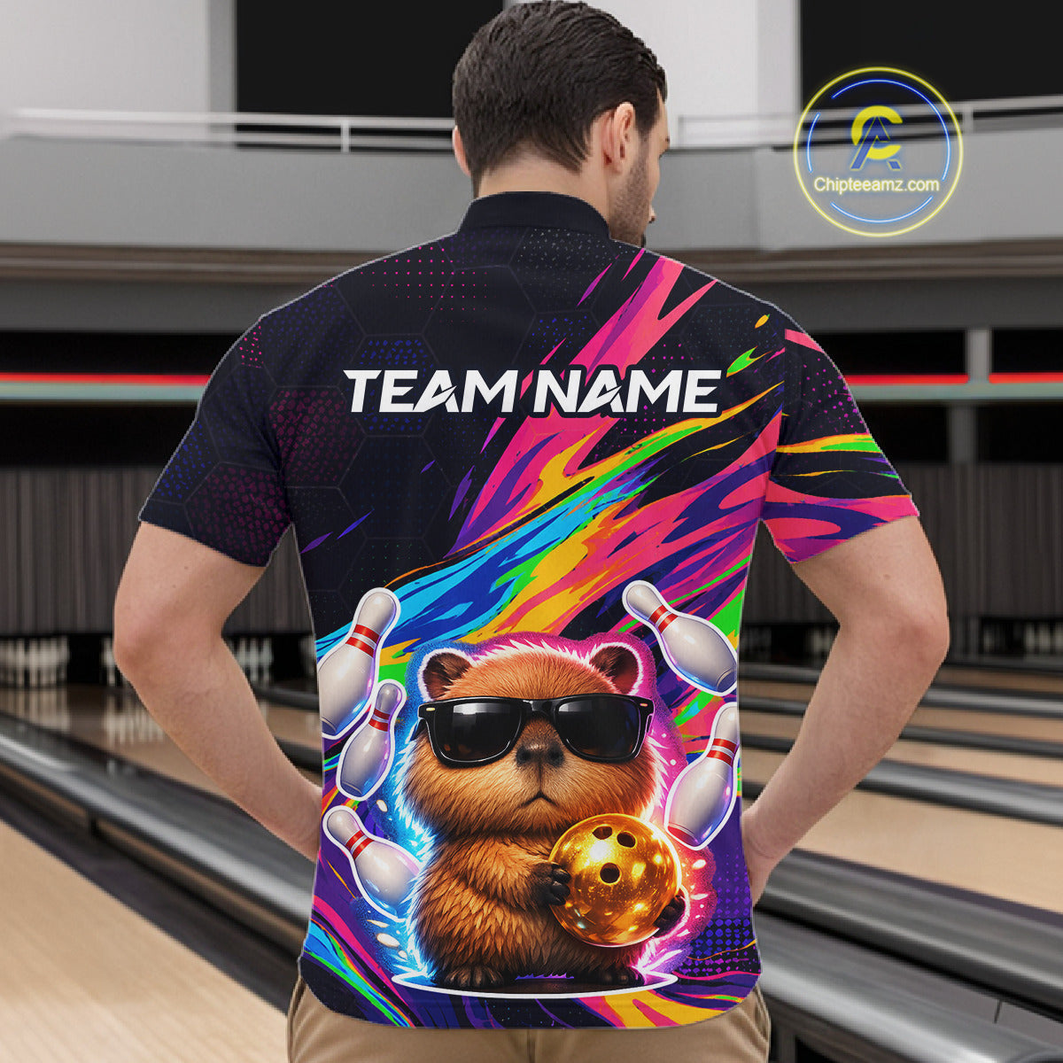 Funny Capybara Bowling Team Polo Shirt, 1/4 Zip For Men Custom Name Neon Color Bowling Jersey NHT1157