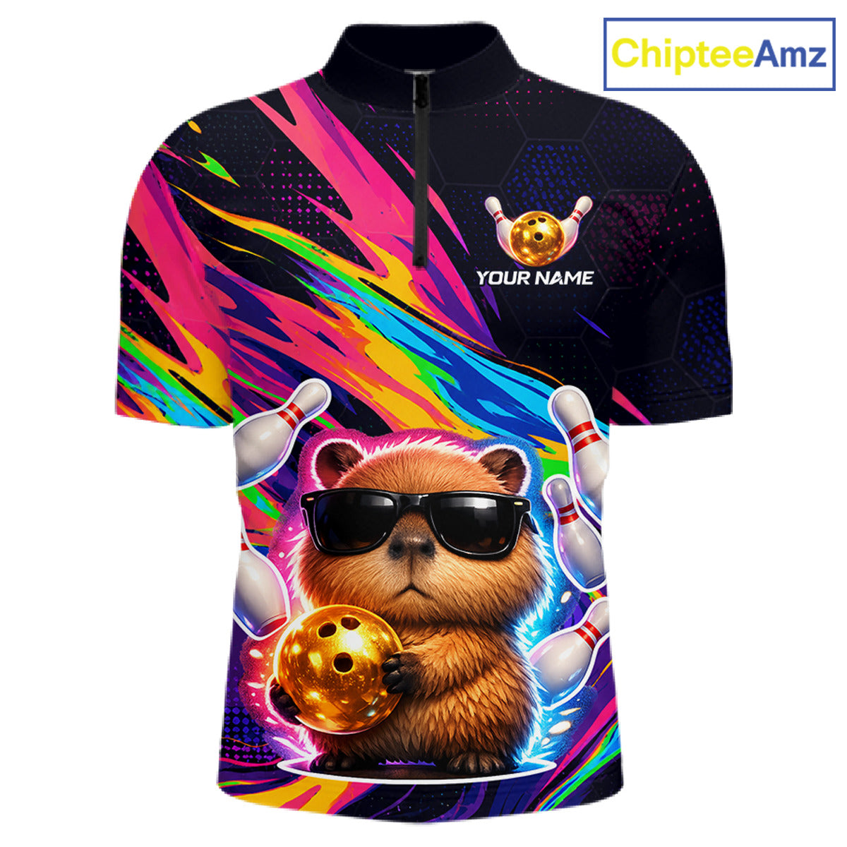 Colorful shirt with a capybara holding a bowling ball and skittles, branded 'ChipteeAmz'.