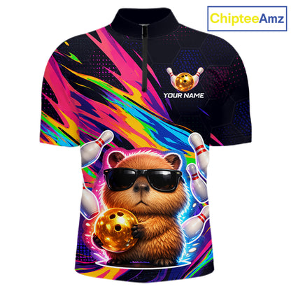 Colorful shirt with a capybara holding a bowling ball and skittles, branded 'ChipteeAmz'.