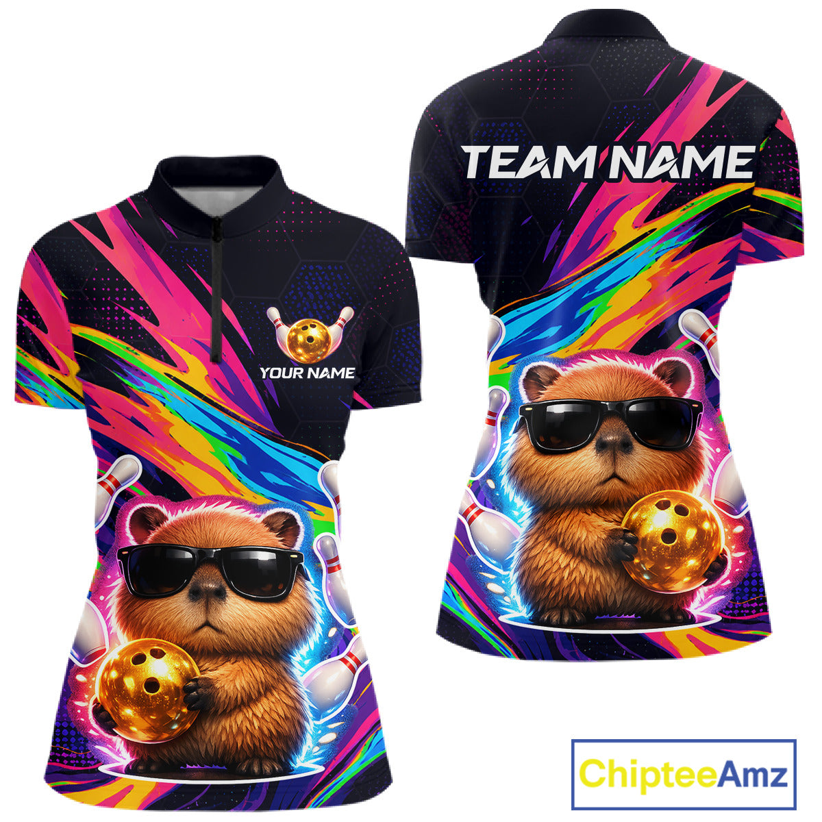 Colorful polo shirt with bear design and customizable text on a white background
