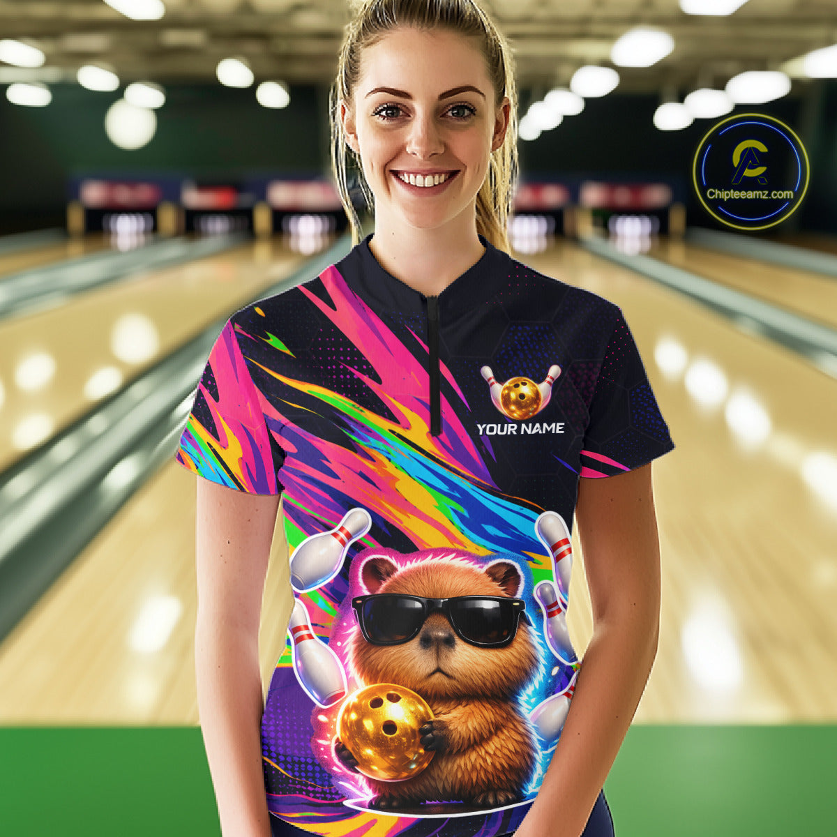 erson wearing a colorful bowling shirt with a bear design in a bowling alley.