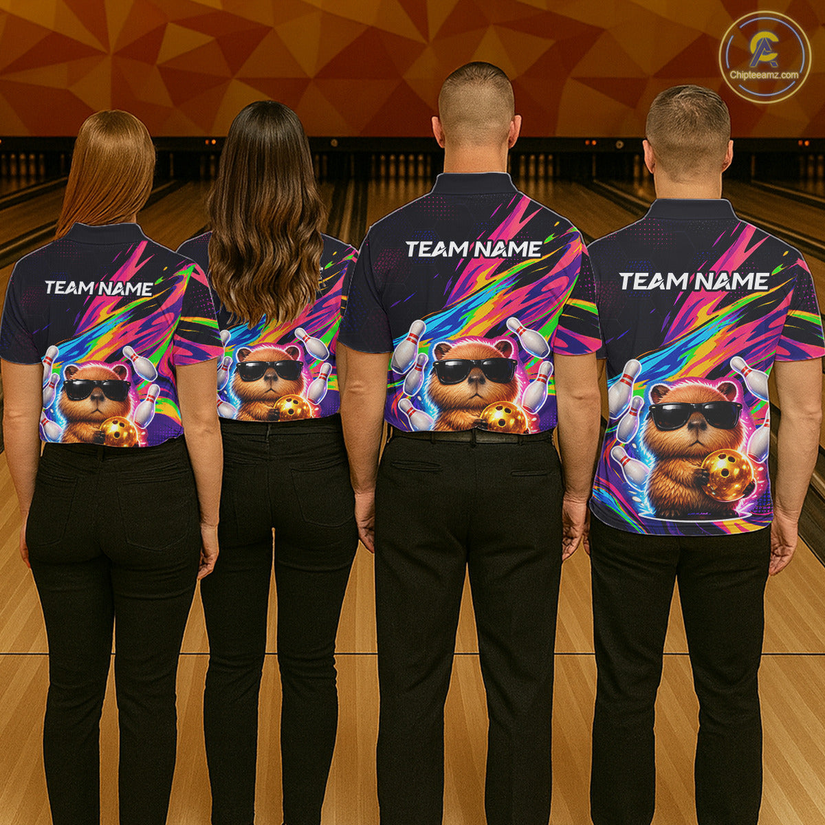 Funny Capybara Bowling Team Polo Shirt, 1/4 Zip For Men Custom Name Neon Color Bowling Jersey NHT1157