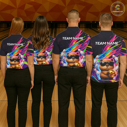 Funny Capybara Bowling Team Polo Shirt, 1/4 Zip For Women Custom Name Neon Color Bowling Jersey NHT1157