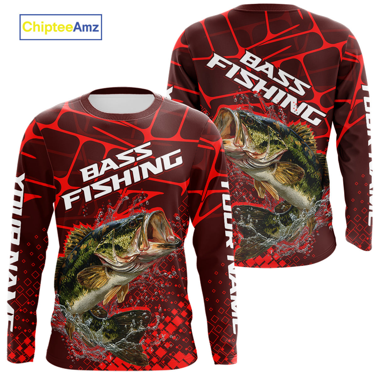 Largemouth Bass Fishing, Fishing Shirts Long Sleeve Scale, Fishing Gift |Red NHT391