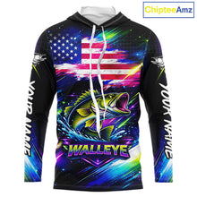 Load image into Gallery viewer, Personalized Walleye Fishing Jerseys, Custom American Flag Fishing Shirts Long Sleeve Hooded For Men NHT637