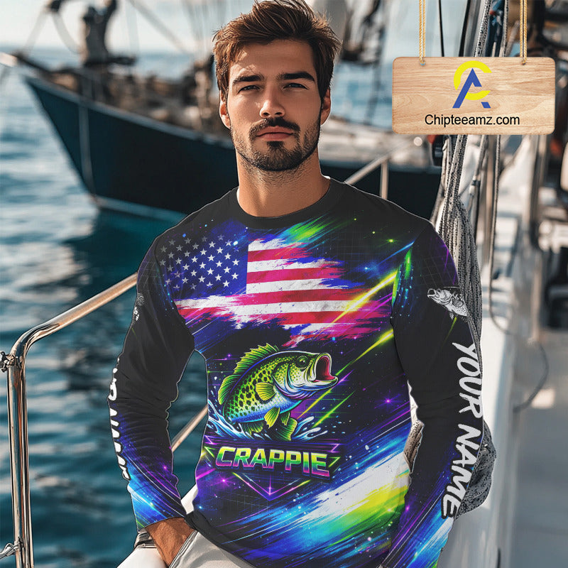 Personalized Crappie Fishing Jerseys, Custom American Flag Fishing Shirts Long Sleeve For Men NHT638