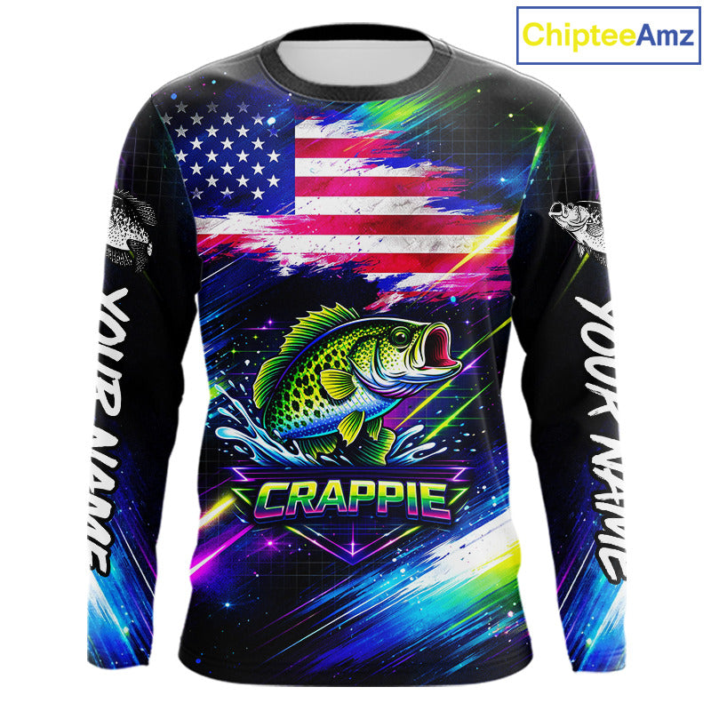 Personalized Crappie Fishing Jerseys, Custom American Flag Fishing Shirts Long Sleeve For Men NHT638