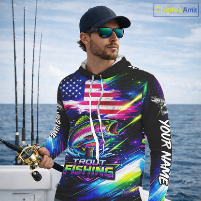 Personalized Rainbow Trout Fishing Jerseys, Custom American Flag Hooded Fishing Shirts Long Sleeve For Men NHT639