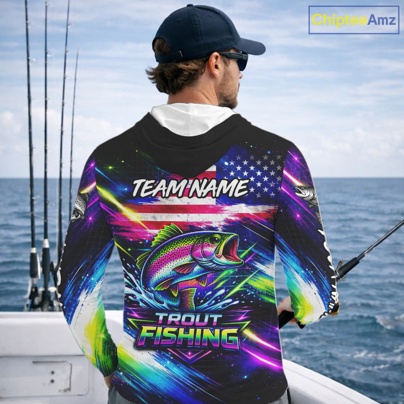 Personalized Rainbow Trout Fishing Jerseys, Custom American Flag Hooded Fishing Shirts Long Sleeve For Men NHT639