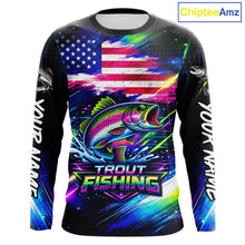 Load image into Gallery viewer, Personalized Rainbow Trout Fishing Jerseys, Custom American Flag Fishing Shirts Long Sleeve For Men NHT639