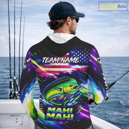 Personalized Mahi Mahi Fishing Jerseys, Custom American Flag Hooded Fishing Shirts Long Sleeve For Men NHT640