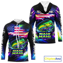 Load image into Gallery viewer, Personalized Mahi Mahi Fishing Jerseys, Custom American Flag Hooded Fishing Shirts Long Sleeve For Men NHT640