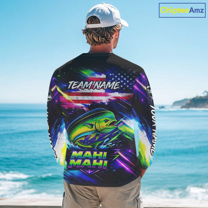 Personalized Mahi Mahi Fishing Jerseys, Custom American Flag Fishing Shirts Long Sleeve For Men NHT640