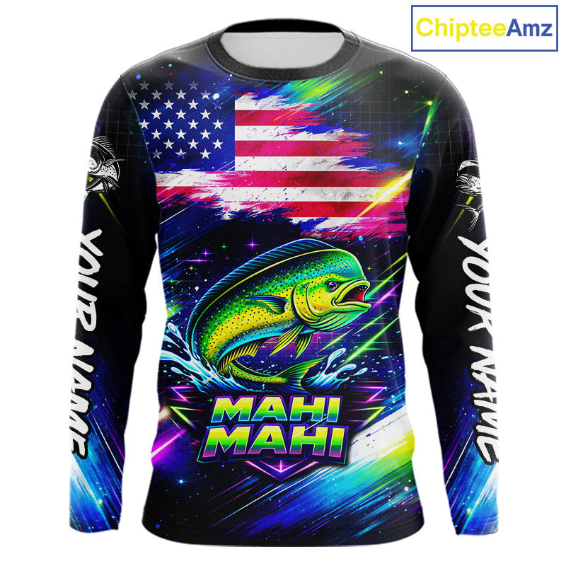Personalized Mahi Mahi Fishing Jerseys, Custom American Flag Fishing Shirts Long Sleeve For Men NHT640