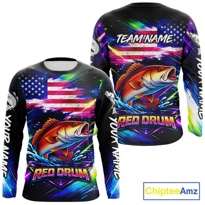Personalized Redfish Fishing Jerseys, Custom American Flag Fishing Shirts Long Sleeve For Men NHT641