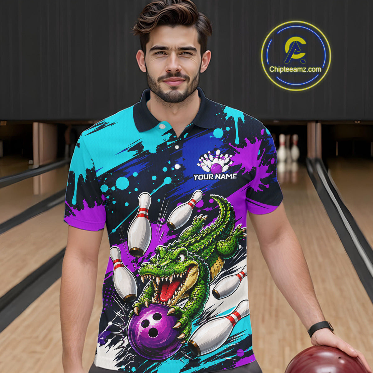 Man wearing a colorful polo shirt with a dinasour and bowling design in a bowling alley.