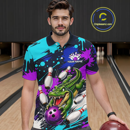 Man wearing a colorful polo shirt with a dinasour and bowling design in a bowling alley.