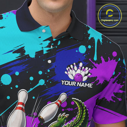 Colorful polo shirt with bowling design and 'Your Name' text, brand logo visible.