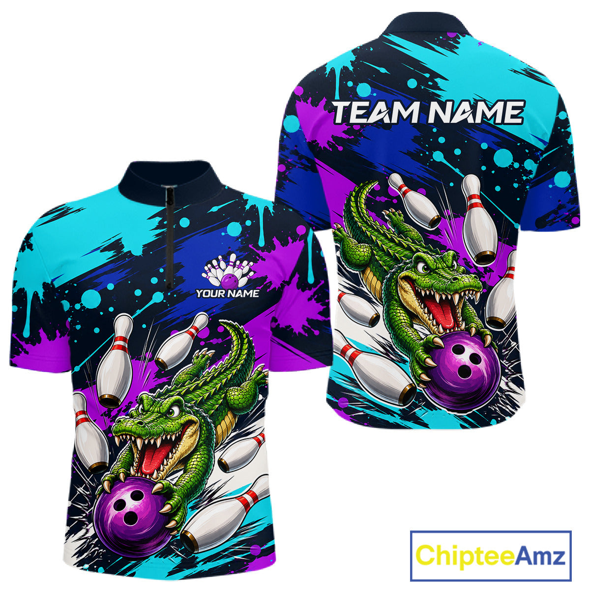 Colorful shirt with a dragon and bowling design, featuring the brand 'ChipteeAmz'.