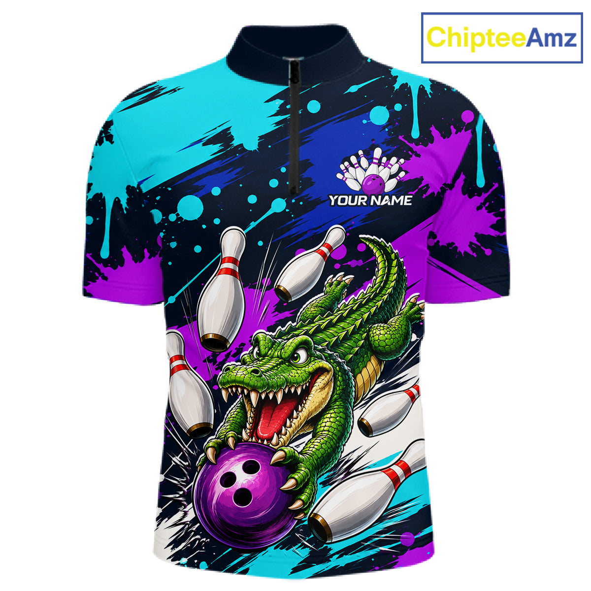 Colorful shirt with a dragon and bowling design, featuring the brand 'ChipteeAmz'.