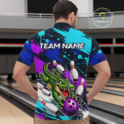 Person wearing a colorful bowling-themed shirt with a alligator design in a bowling alley.
