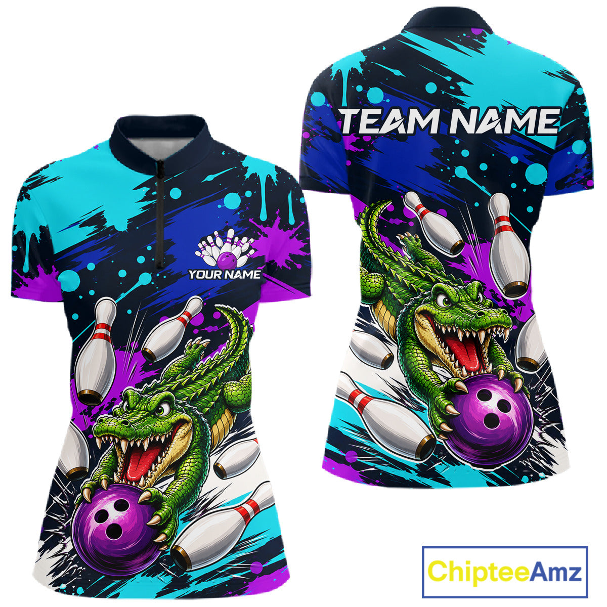 Bowling-themed shirt with alligator design and customizable text on a white background