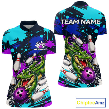 Bowling-themed shirt with alligator design and customizable text on a white background