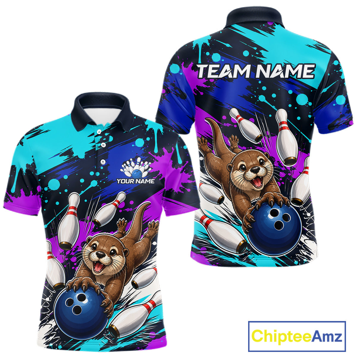 Colorful bowling-themed shirt with otter graphics and customizable text on a white background