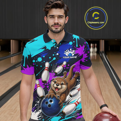 Man wearing a colorful bowling-themed shirt with an otter character in a bowling alley.