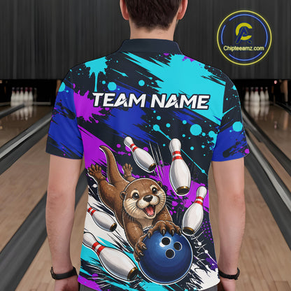 Person wearing a colorful bowling-themed shirt with an otter character in a bowling alley.